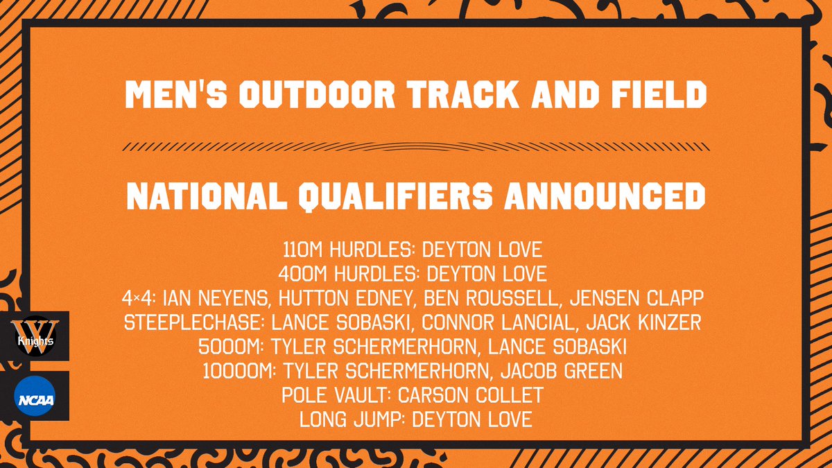 WartburgKnights's tweet image. Men's Outdoor Track &amp;amp; Field, National Qualifiers announced:

110m Hurdles: Deyton Love
400m Hurdles: Deyton Love
4x400m: Ian Neyens, Hutton Edney, Ben Roussell, Jensen Clapp
3,000m Steeplechase: Lance Sobaski, Connor Lancial, Jack Kinzer
5,000m: Tyler Schermerhorn, Lance Sobaski…