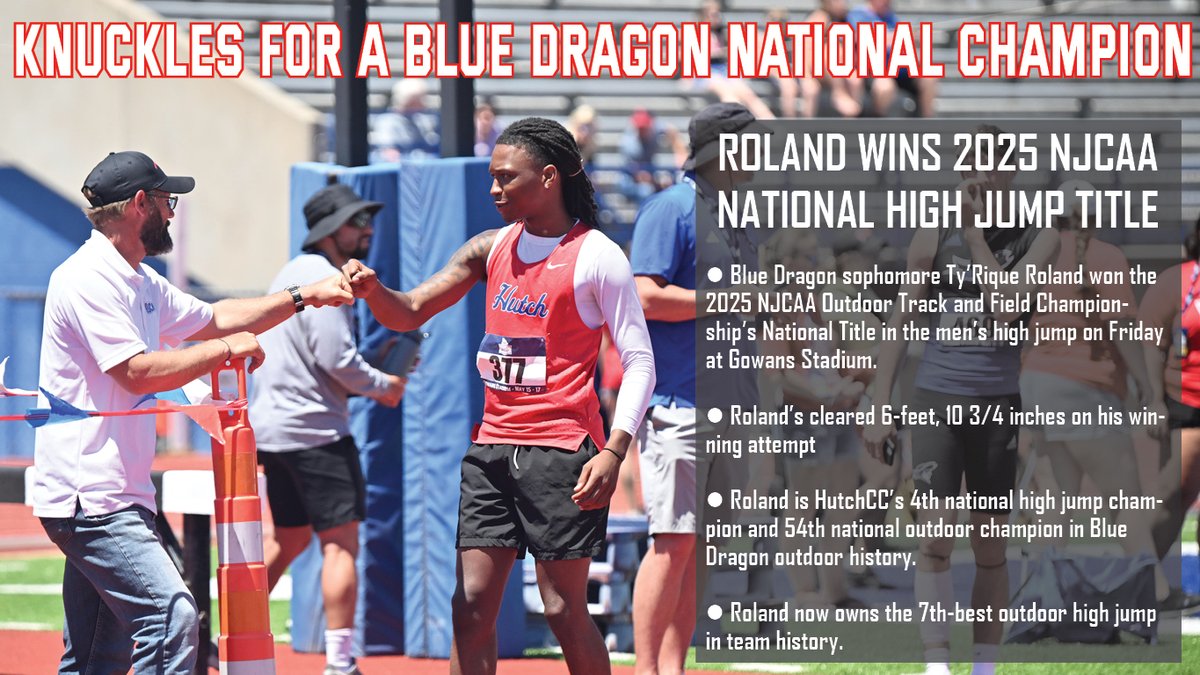 Blue Dragon sophomore Ty'Rique Roland cleared a personal-best 6 feet, 10 3/4 inches to capture Blue Dragon Men's Track and Field's first national title of the 2025 NJCAA Div. I Outdoor Track and Field Championships on Friday at Gowans Stadium.

#BreatheFire #NationalChampion