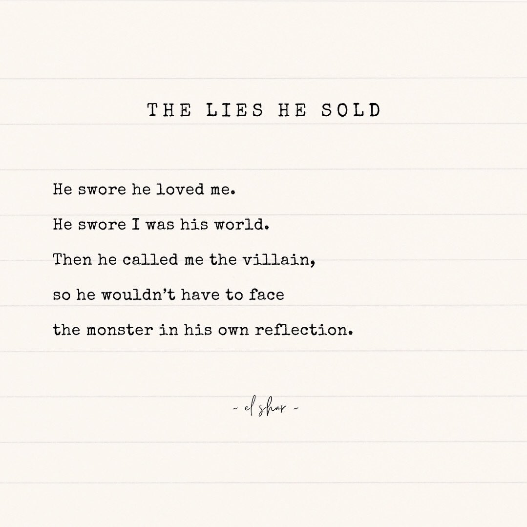 SheLeftForHer's tweet photo. He Lied to Me. Then Lied About Me.

Narcissists rewrite the past so they never have to be the bad guy.

#Breakup #HealingJourney #Poem #Poetry #Narcissist #Trauma #WritersOfTwitter #WritingCommunity https://t.co/qsAcdmU3v5
