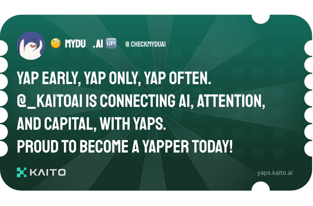 checkmyduai's tweet photo. Yap early, yap only, yap often.

@KaitoAI is connecting AI, attention and capital with Yaps.

Just claimed my social card and I'm accumulating Yap points in real-time.

Claim yours 👉 https://t.co/xwN3jo8uPF https://t.co/PdXzfU58Jl