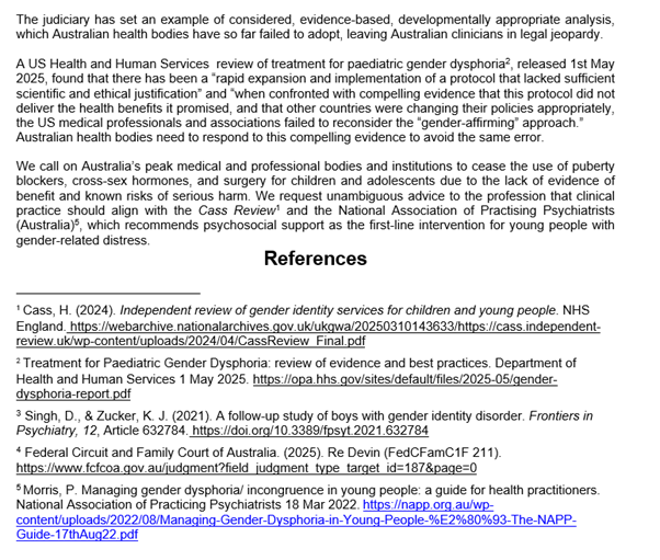 Could any Australian clinicians (including doctors, psychologists, nurses, social workers, pharmacists, etc.) who wish to co-sign this open letter calling for the cessation of hormonal and surgical interventions for youth with gender distress, please email: drloukirby@gmail.com