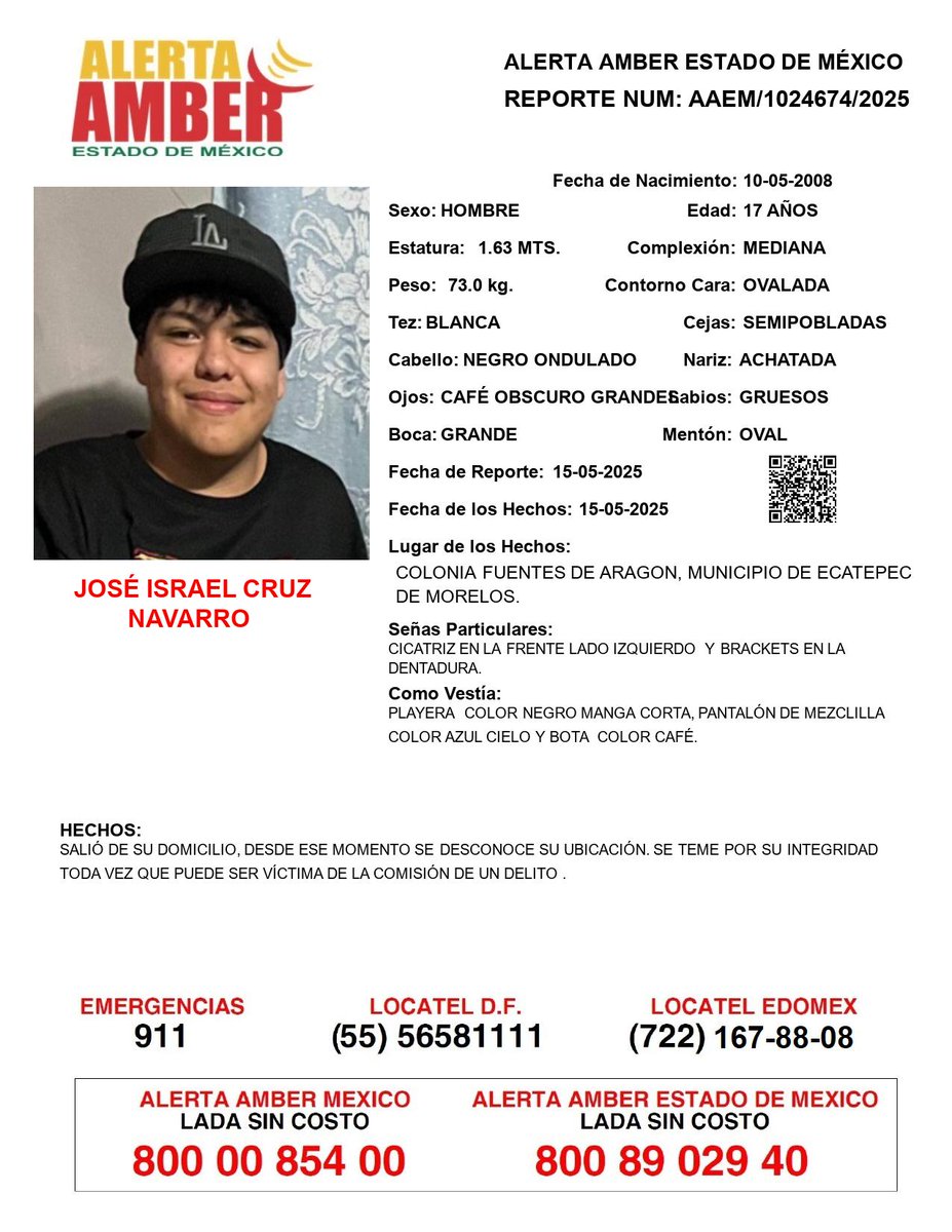 📍Tu apoyo es importante, ayúdanos a difundir, cualquier información para localizar a la siguiente persona comunícate al 📞800 890 2940 Alerta Amber EDOMEX y ☎️ 800 7028 770 #FiscalíaEdoméx.