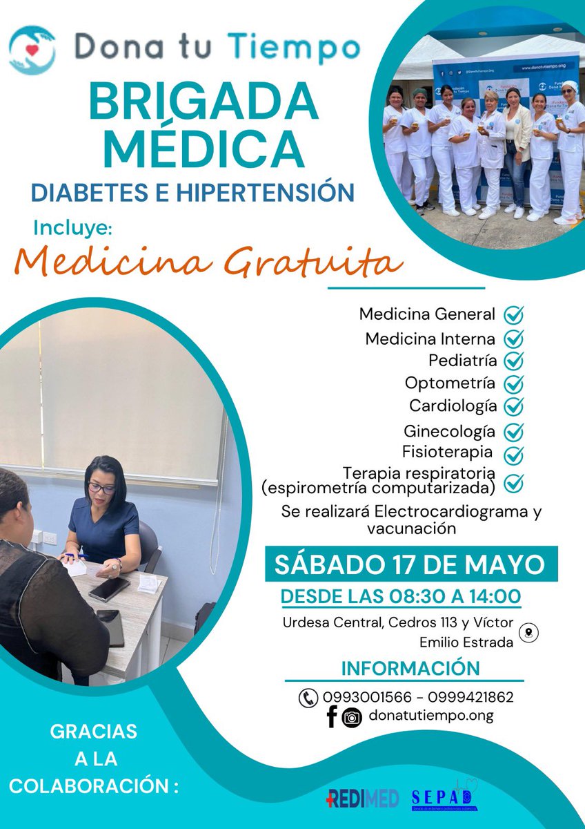 DonatutiempoOng's tweet photo. Atención Guayaquil!
Este sábado 17 de mayo acompáñanos a la brigada médica gratuita de @donatutiempo.ong

Hora: 08h00 a 16h00

¡Ven con tu familia y recibe atención con calidad y calidez!
#Donatutiempo #SaludParaTodos #BrigadaMédica https://t.co/X8Mu44R4aW