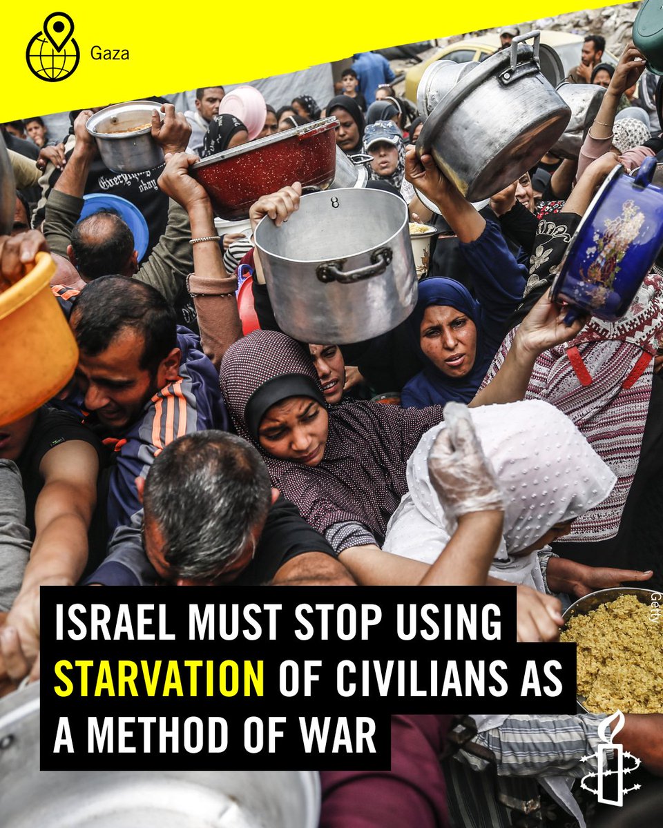 amnesty_zim's tweet photo. Since 2 March 2025, Israel has prevented the entry of all humanitarian supplies and commercial goods, including food, water, medicine, and fuel, into the occupied Gaza Strip.

In recent weeks, Amnesty International has gathered horrifying testimonies from Palestinians experiencing severe levels of hunger and parents unable to feed their children. On 12 May, the Integrated Food Security Phase Classification (IPC) declared Gaza’s entire population is facing acute food insecurity, with half a million people – one in five – facing starvation.

Israel must immediately lift its devastating siege on Gaza, which constitutes a genocidal act, collective punishment, and the war crime of using starvation of civilians as a method of warfare.