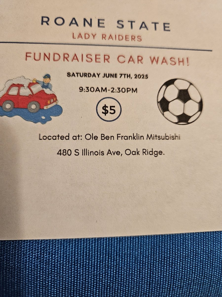 Roane State Community College Lady Raiders Soccer (@rsccladysoccer) on Twitter photo Just 3 weeks away from our car wash fundraiser. Please come by and see us at Ole Ben Franklin in Oak Ridge on Sat June 7 from 9:30 am - 2:00 pm and bring those dirty vehicles. Just $5. Come out and support us. <a href="/RoaneSportsTN/">RoaneSports</a> <a href="/roanestate/">Roane State</a> Just 3 weeks away from our car wash fundraiser. Please come by and see us at Ole Ben Franklin in Oak Ridge on Sat June 7 from 9:30 am - 2:00 pm and bring those dirty vehicles. Just $5. Come out and support us. <a href="/RoaneSportsTN/">RoaneSports</a> <a href="/roanestate/">Roane State</a>