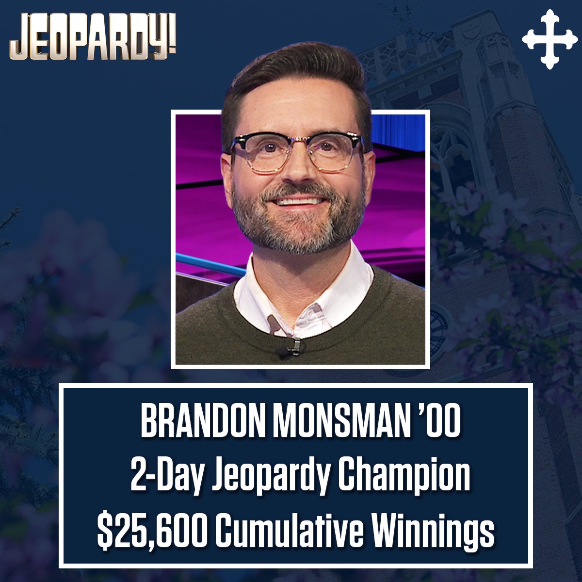 JCUAlumni's tweet image. Shoutout to Brandon Monsman ’00, who competed on three @Jeopardy episodes that aired from Wednesday, May 14 to Friday, May 16.
He finished as a 2-day Champion & earned over $25,000. Great job, Brandon! 👏