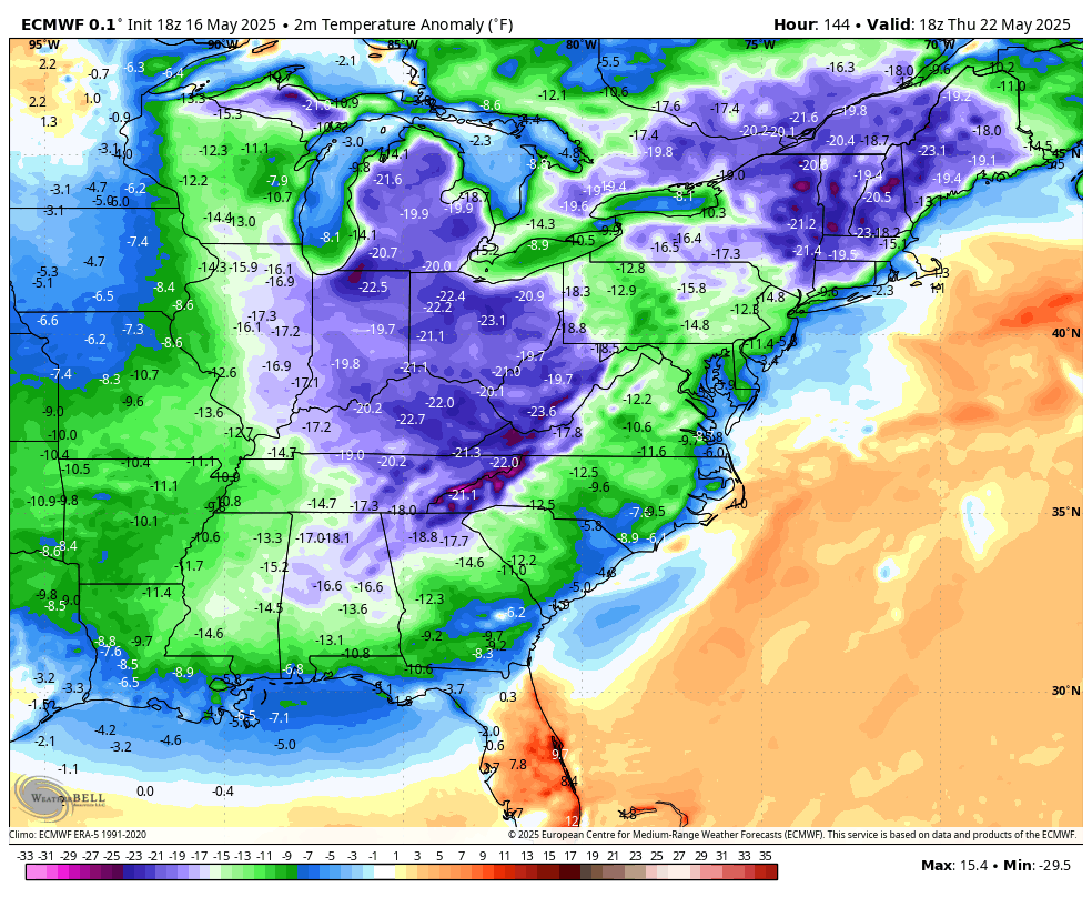 euro Thursday evening temps vs average.  A very cold eastern Memorial day weekend on the way