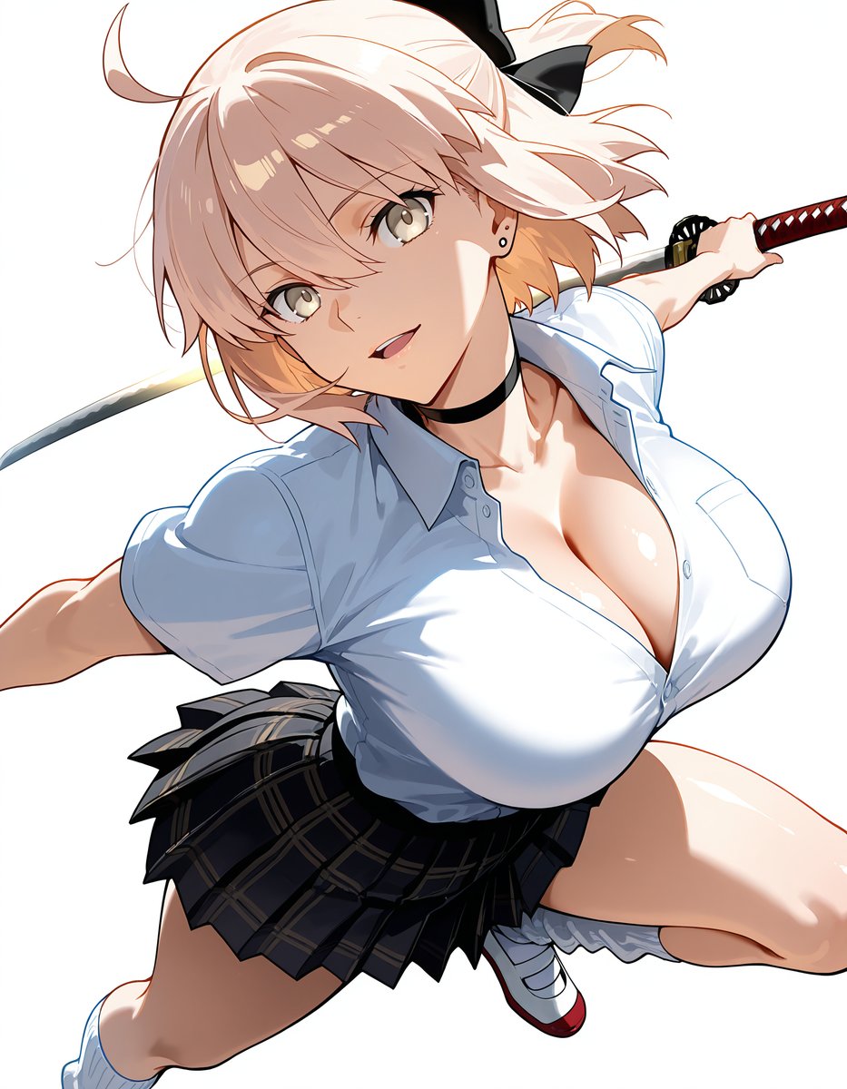 制服×日本刀ってなんでこんなにソソるんですかね〜〜制服姿の沖田さんとてもカッコいい可愛い #FGO 