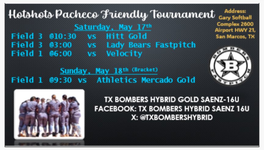 Jessa Clay 2027 (@jessa_clay) on Twitter photo FIRST tournament back at Gary Softball Complex this weekend ‼️‼️‼️
<a href="/txbombershybrid/">BombersHybridGoldSaenz</a> <a href="/UncommittedUsa/">UncommittedPlayersUSA</a>
<a href="/SM_Thunder33/">Joe Saenz</a> <a href="/IHartFastpitch/">I❤️Fastpitch</a>
<a href="/SportPrepX/">SportPrepX</a> <a href="/Softball_Home/">Softball Home🥎</a>
<a href="/SoftballDown/">Down South Softball</a> <a href="/DirectRecruits/">Direct Recruits</a>
<a href="/ExtraInningSB/">EXTRA INNING SOFTBALL</a> <a href="/SBRRetweets/">Softball Recruiting Reposts</a>
<a href="/sballrecruiting/">softballrecruiting</a> <a href="/FGS_softball/">FLATGROUND Softball</a> <a href="/Get2CollegAth/">Get 2 College Athletics</a> FIRST tournament back at Gary Softball Complex this weekend ‼️‼️‼️
<a href="/txbombershybrid/">BombersHybridGoldSaenz</a> <a href="/UncommittedUsa/">UncommittedPlayersUSA</a>
<a href="/SM_Thunder33/">Joe Saenz</a> <a href="/IHartFastpitch/">I❤️Fastpitch</a>
<a href="/SportPrepX/">SportPrepX</a> <a href="/Softball_Home/">Softball Home🥎</a>
<a href="/SoftballDown/">Down South Softball</a> <a href="/DirectRecruits/">Direct Recruits</a>
<a href="/ExtraInningSB/">EXTRA INNING SOFTBALL</a> <a href="/SBRRetweets/">Softball Recruiting Reposts</a>
<a href="/sballrecruiting/">softballrecruiting</a> <a href="/FGS_softball/">FLATGROUND Softball</a> <a href="/Get2CollegAth/">Get 2 College Athletics</a>