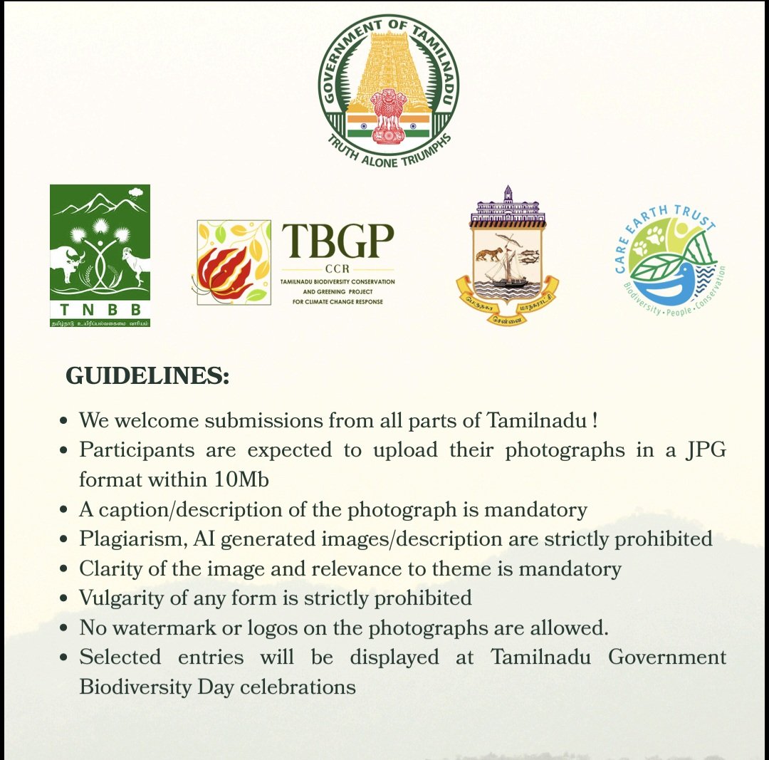 Tamil Nadu Forest Department (@tnforestdept) on Twitter photo Lets celebrate the ecological and cultural richness of Tamil Nadu. Submit your entries under the themes “Roots & Reflection” or “Bio Heritage”. Selected works will be featured at the #BiodiversityDay2025 state celebrations.
Details in the posters below. <a href="/chennaicorp/">Greater Chennai Corporation</a> Lets celebrate the ecological and cultural richness of Tamil Nadu. Submit your entries under the themes “Roots & Reflection” or “Bio Heritage”. Selected works will be featured at the #BiodiversityDay2025 state celebrations.
Details in the posters below. <a href="/chennaicorp/">Greater Chennai Corporation</a>