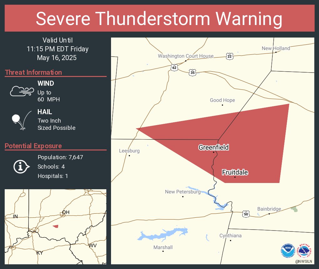 Severe Thunderstorm Warning continues for Greenfield OH, South Salem OH and  Fruitdale OH until 11:15 PM EDT. This storm will contain two inch sized hail!