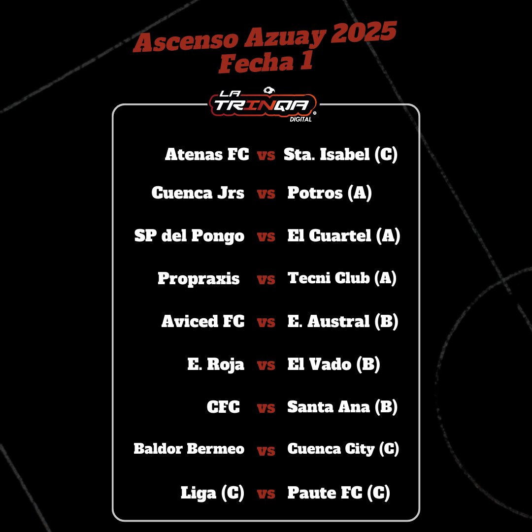 AFA entregó el calendario para la Etapa Provincial de la Asociación de Fútbol del Azuay del Campeonato Nacional de Segunda categoría. En la primera fecha se jugarán nueve partidos. 

A falta de oficializar los días, la hora y el escenario deportivo, la jornada inicial 👇