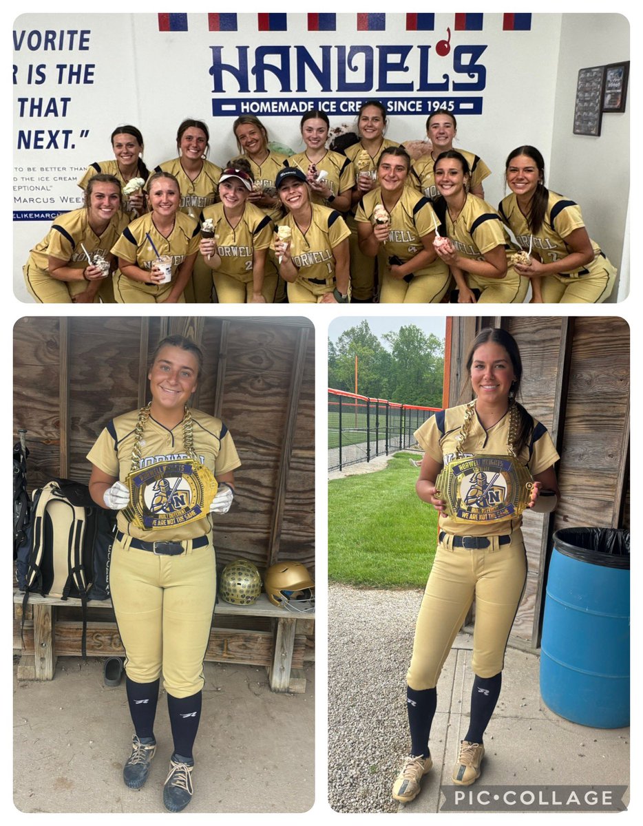 NorwellSoftball's tweet photo. What do you do after a WIN at Northrop???
You celebrate with Ice Cream 🍦 @ Handel’s  in Fort Wayne!

Lillie Felton - 5inns. 0 ER’s 3 K’s 
Frauhiger &amp; Watkins go yard! 💣💣
Clark triples &amp; Lesley adds another HBP ☠️ 
Brown &amp; Kurtz both go 3 for 4

#goldblooded #norwellnation https://t.co/8HeKkM5UVo