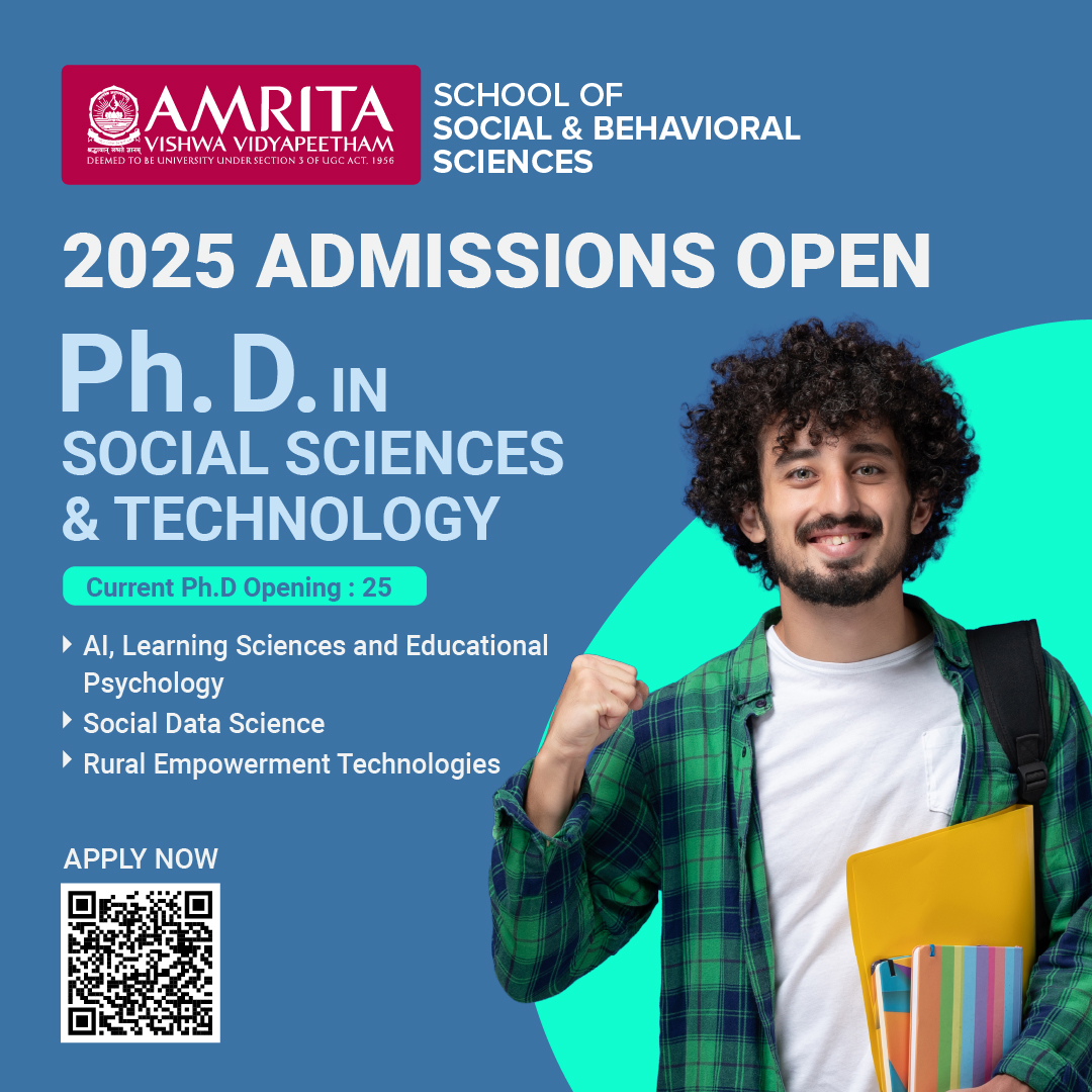 amritaSSBS's tweet photo. Combine tech + social impact!
 Apply now for the Ph.D. in Social Sciences &amp; Technology at Amrita
 AI in Education
 Social Data Science
 Rural Tech Innovation
📌 25 seats | 📲 Scan the QR to apply
 #PhDTechForGood #AIForSociety #SocialInnovation #AmritaUniversity #PhD https://t.co/M7FPauCgDA