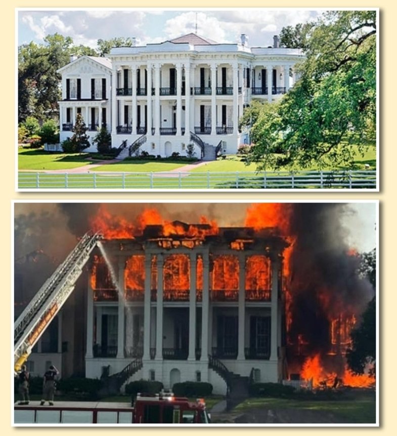 This was Nottoway, the South's biggest slave plantation. When the Civil War started, it's spineless owner took his 150+ slaves to Tx to grow his cotton but left a wife &amp; child there, hoping their presence would save it from pillage.
 
Ystrdy it finally burned down.
Good riddance.