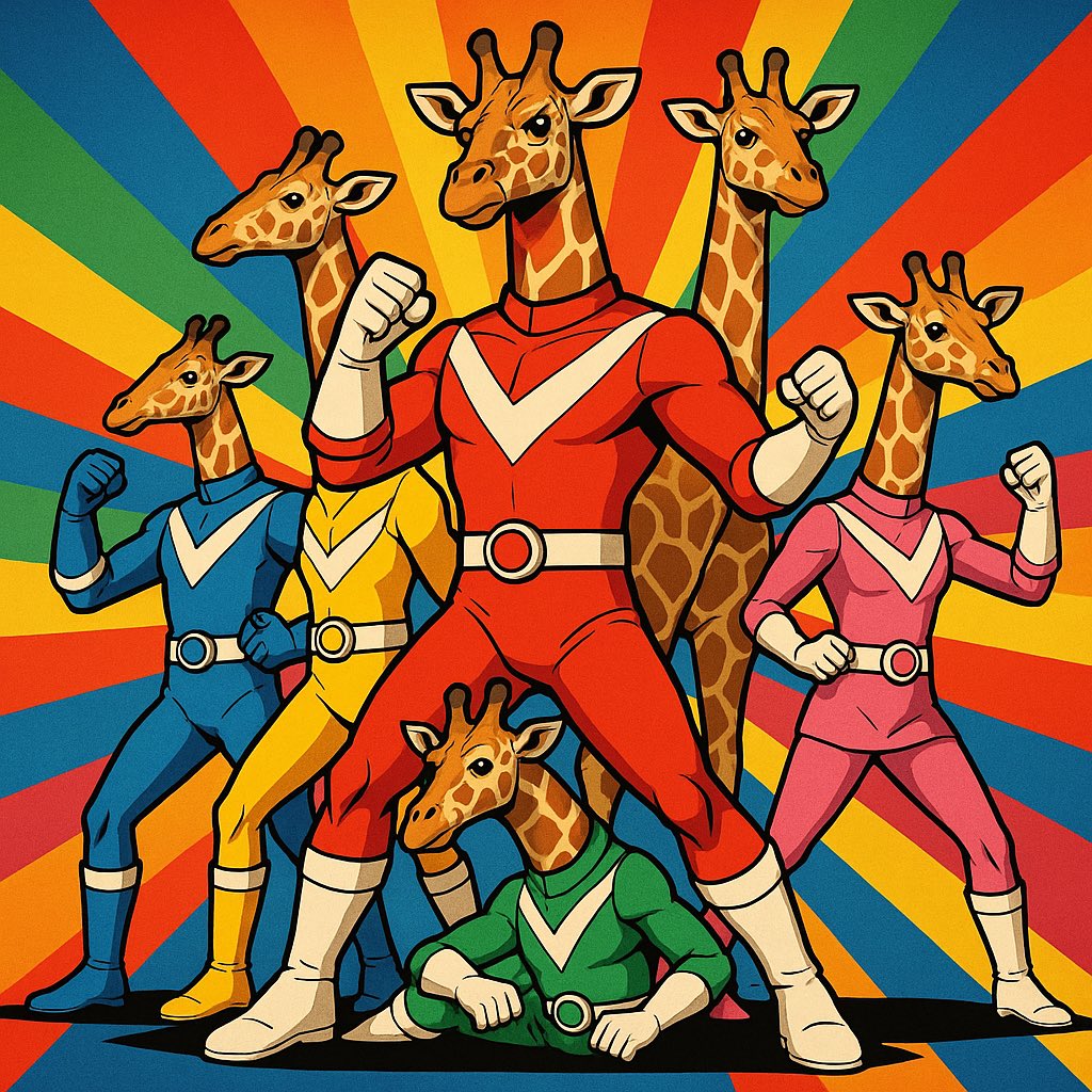 chatGPTに戦隊ヒーローっぽくしてと頼んだら、一頭増えた上に、一頭だけヒーローじゃない素のキリンが混じっていて笑ったwww