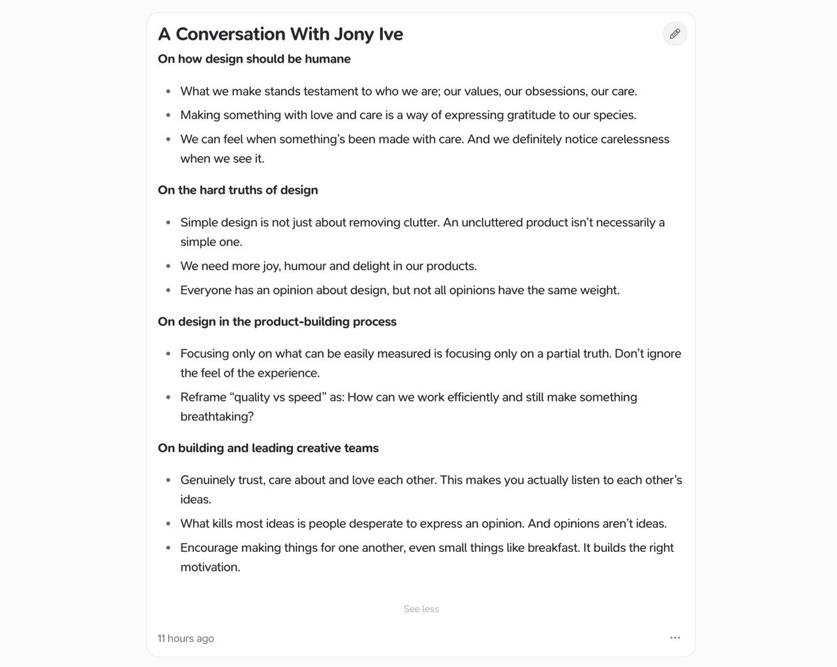 Jony Ive was one of the first reasons I cared about great design. His quiet conviction and fierce attention to detail still inspire me today.

Rewatching this brilliant interview from <a href="/patrickc/">Patrick Collison</a> and sharing my scribbles!