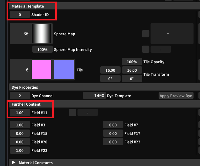 Chesderman's tweet photo. So if your textures come out solid black, all you need to do is change 'Field #11' to 1.0

This will fix the texture issue :) 

You can also update the shader ID to 12 for metallic dying, but remember to darken your specular on the colorset row. https://t.co/mUFCvenFHE