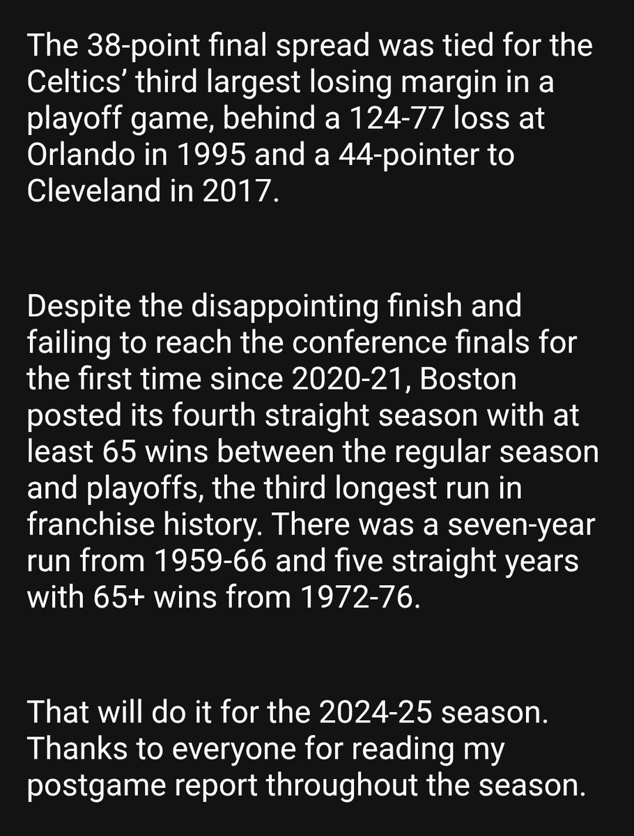 The Sultan of Stat meets the Celtics of Splat in his final offering of the 2024-25 season.

Squandering 20-point leads in the first two losses and a 38-point blowout to cap the series leaves little room for silver linings... But <a href="/DickLipe/">Dick Lipe</a> still has the noteage you need.⬇️
