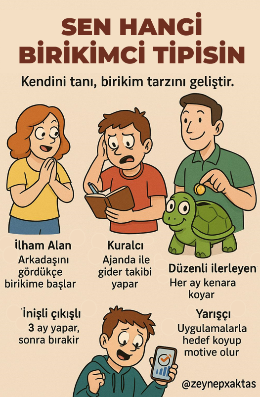 Herkes biriktiriyor ama herkes aynı şekilde değil.
Kimi ilhamla başlıyor, kimi ajandayla ilerliyor.
Biri üç ay yapıyor bırakıyor, biri hedef koyup yarışa çeviriyor.
Birikim tarzı, karakter kadar kişisel bir şey.
📌 Önce kendini tanımalı.
Çünkü tasarruf, senin gibi olursa kalıcı