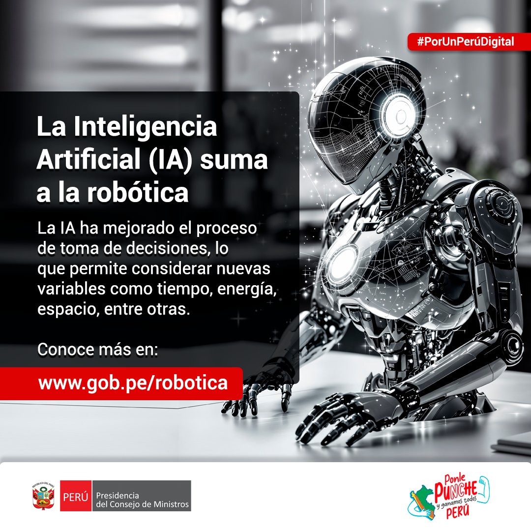 #SGTDInforma 🇵🇪| Gracias a las capacidades que la Inteligencia Artificial (IA) le ha brindado a la robótica, los robots 🤖han desarrollado una amplia gama de toma de decisiones a través de sus algoritmos de planificación.

🔍 Ingresa a gob.pe/robotica y descubre más sobre