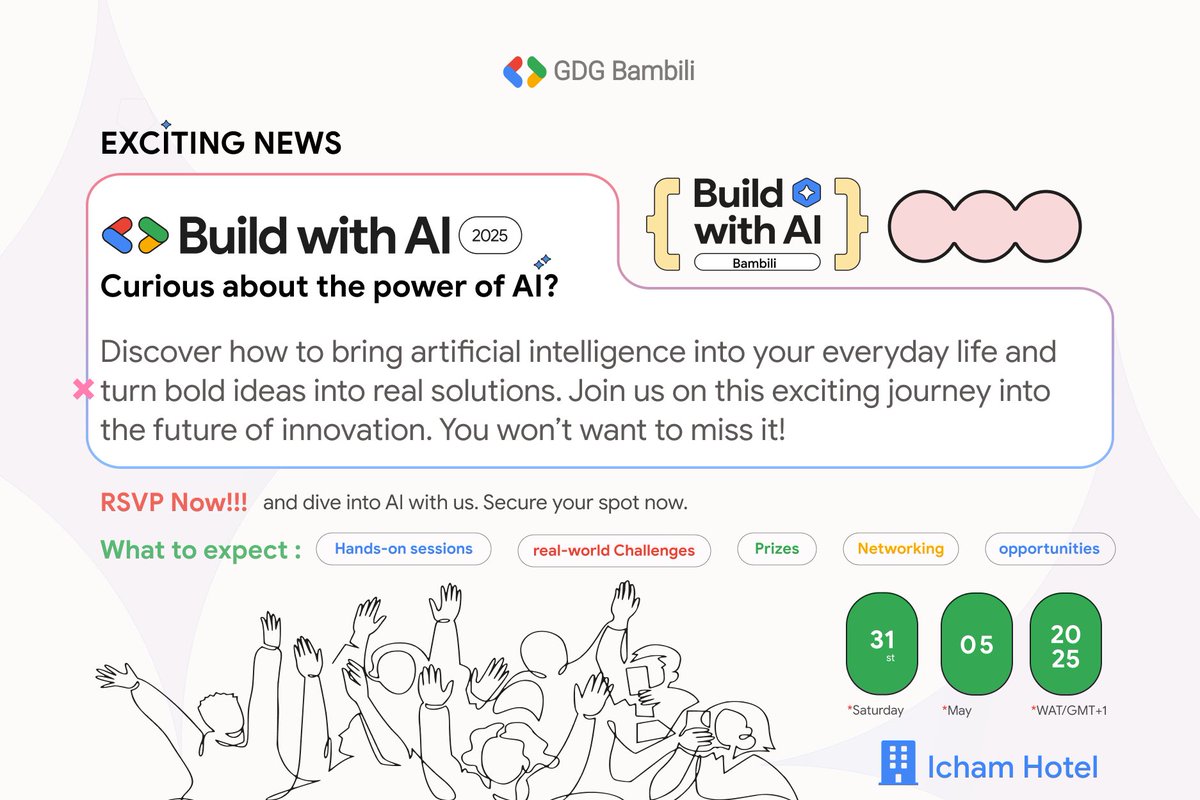 AI is changing the game. Are you ready to build with it?

Join us at #BuildWithAI 2025 hosted by #GDGBambili — hands-on sessions, cool tools, and awesome community vibes!

RSVP now: bit.ly/build_with_ai
Become a sponsor: gd.group.bambili@gmail.com