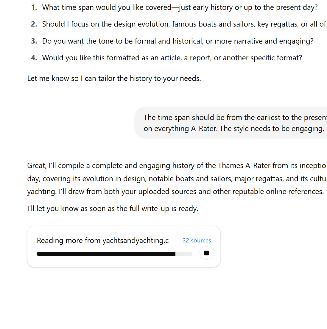 ChatGPT Deep Research: We used the full power of the Internet to gather all the possible information on the A-Rater boats and compile it into a useful reference document. The time taken was 14 minutes, but the time saved was hours—maybe days.