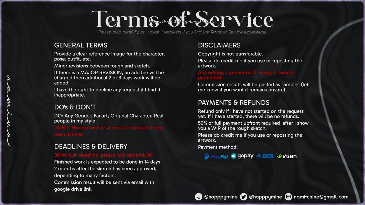 happpymine's tweet photo. ✦ COMMISSIONS OPEN ✦
♥︎ / ↻ ᴀᴘᴘʀᴇᴄɪᴀᴛᴇᴅ   

Please kindly read, only submit requests if you find the Terms of Service acceptable~  

⋮⋮ sample ,, https://t.co/AjlJbQhJBN 

— DM me if you're interested! (˶ᵔ ᵕ ᵔ˶)
#commissionsopen #artcommission #VGenOpen https://t.co/eHuAHOvgLL