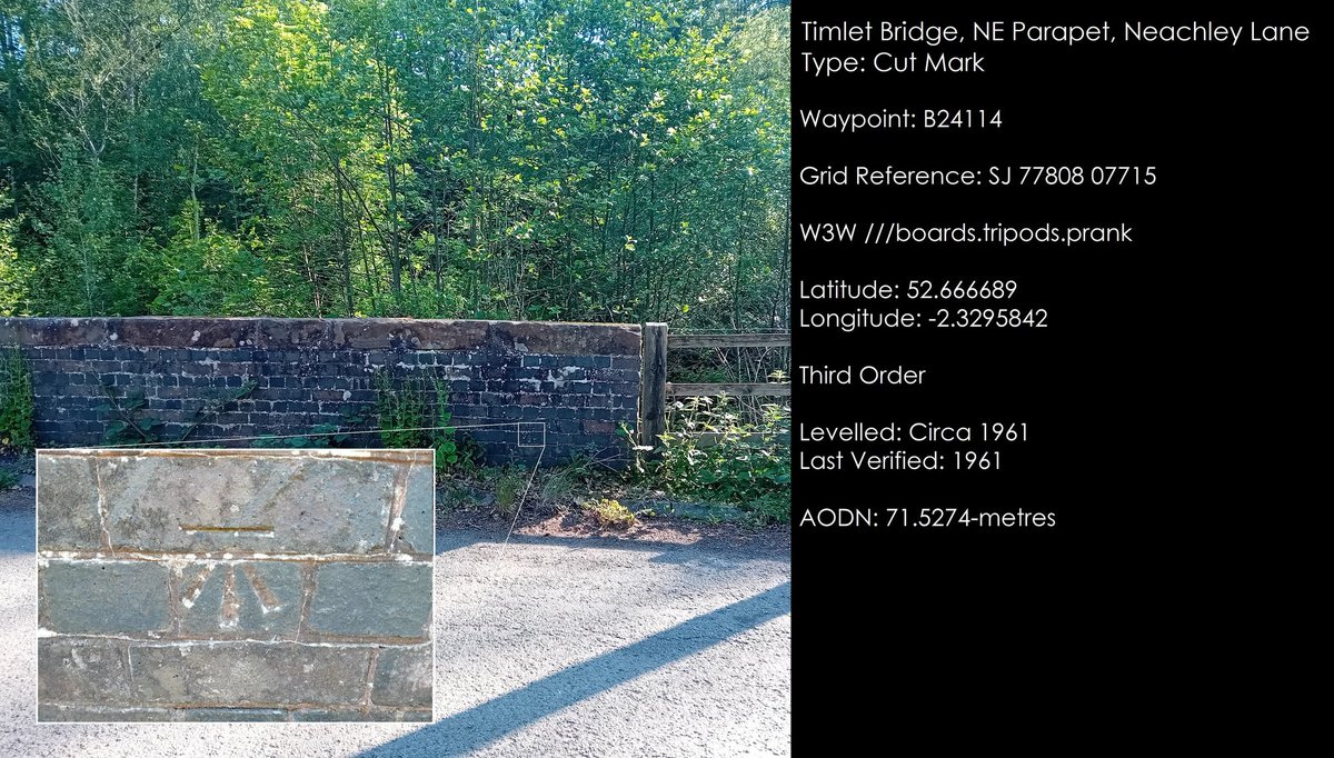 Two OS Benchmarks on Timlet Bridge on Neachley Lane in Shropshire. The first is the Pheon from the original C19th Pivot cut into one of the coping stones on the SW Parapet. The second Benchmark  is the Cut Mark on the NE Parapet that was Levelled in 1961. More details in ALT
