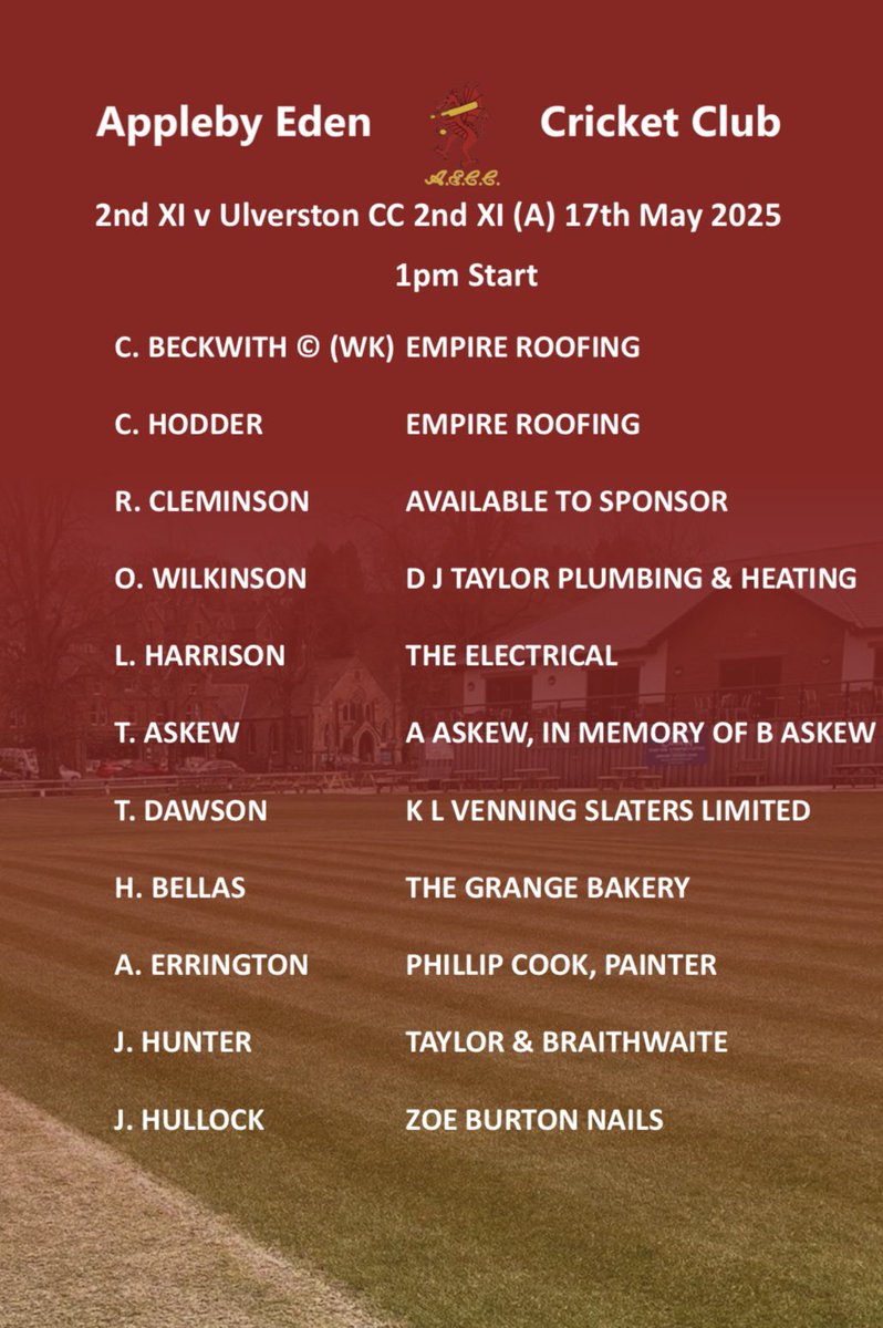 Game day!
1st XI v Shireshead (H) 1pm
2nd XI v Ulverston (A) 1pm
#AECC