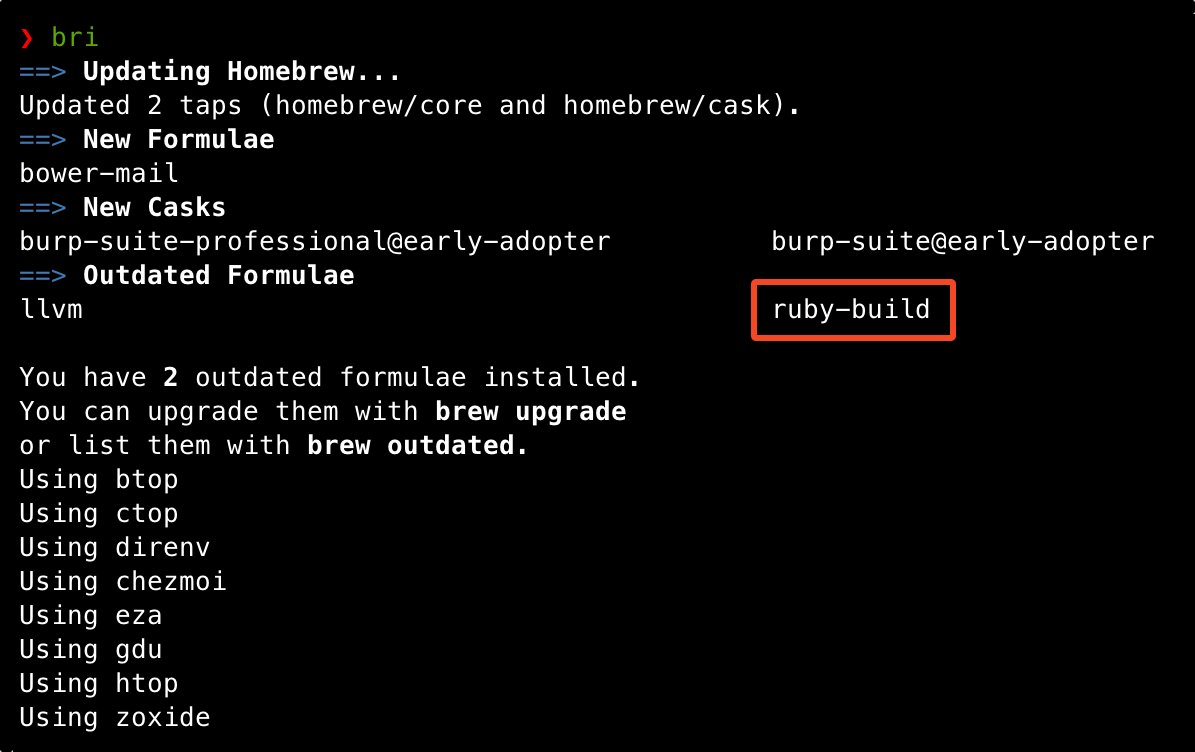A pleasant consequence of properly managed dependencies:

Update brew packages → Oh, a new version of ruby-build → Check it → And indeed, a new stable Ruby version has been released → Run the command to update all Ruby projects → 10 minutes → And everything is in prod 🤌