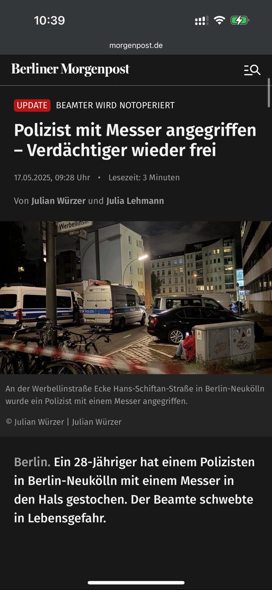 Ich wundere mich über gar nichts mehr.

Ein Polizist wird durch eine Stichwunde in den Hals lebensgefährlich verletzt. 

Der Täter ist wieder auf freiem Fuß, weil er es ja nicht gezielt gemacht hat.

Ein Mensch, der sogar ein Polizist mit einem Messer angreift, lässt man frei ...