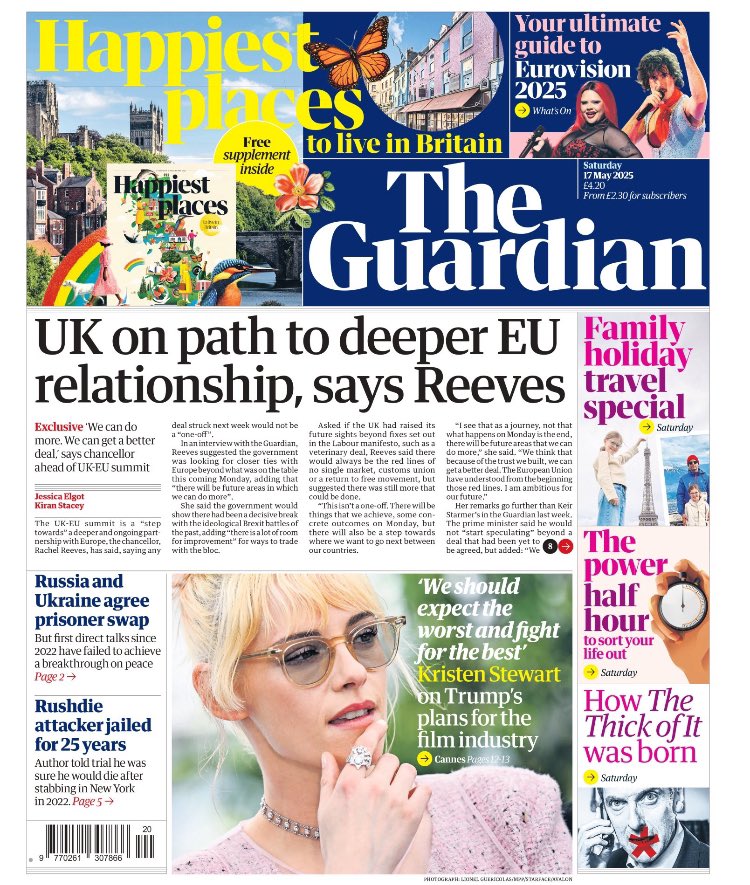 PippaCrerar's tweet image. Saturday’s @guardian front page: UK on path to deeper EU relationship, says Reeves theguardian.com/world/2025/may…