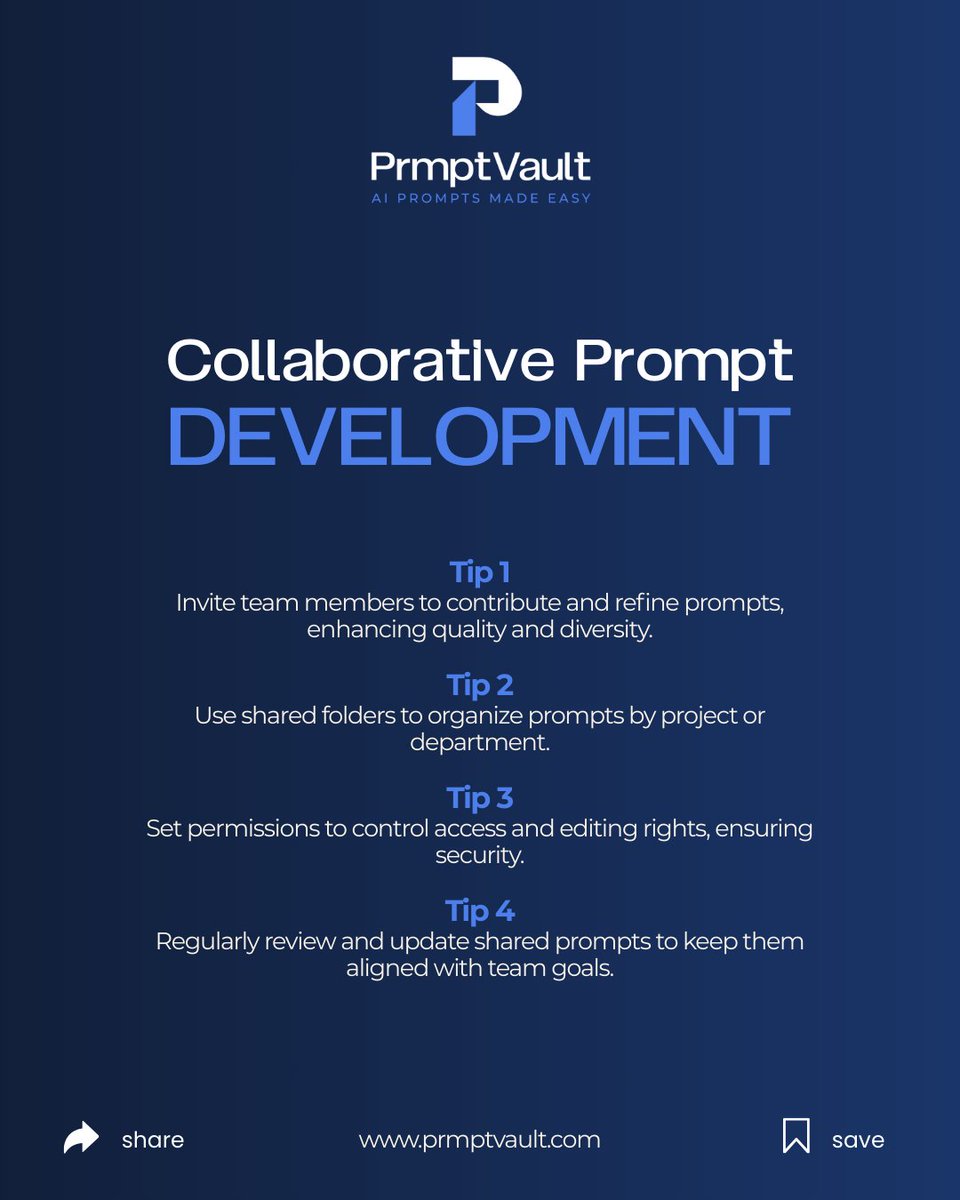prmptvault's tweet image. Boost teamwork and streamline your AI workflows with PrmptVault’s Collaborative Prompt Development feature! 
Take your AI prompt game to the next level and work smarter together!

#CollaborativeTools #AIPrompts #Teamwork #EfficientWorkflows #PromptOrganization #AIAutomation