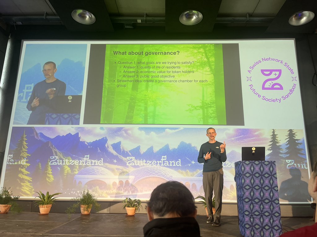 Three chambers to govern a pop up city like <a href="/zuitzerland/">Zuitzerland</a> — a strawman proposal by <a href="/VitalikButerin/">vitalik.eth</a>:
- quality of life of residents
- economic value for token holders
- public good objective

+ bi-directional governance with other Zuzalu nodes 

Watch the livestream/recording ⬇️