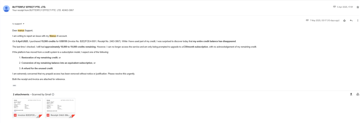 t4tai's tweet photo. @manusai I paid $199 for 19,900 credits in April. Most of my credit (18,000+) has disappeared. No response to emails or support tickets. Now being forced to upgrade. This is unacceptable. I want my credit restored or refunded. Screenshot attached. @manusai @peakji @hidecloud https://t.co/FohfyXJqAl