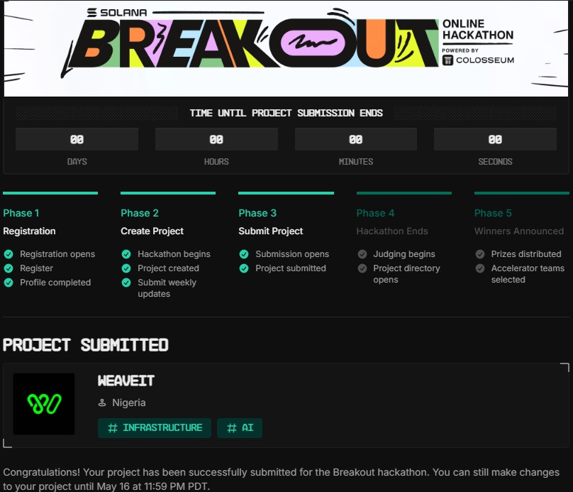 WeaveIt at <a href="/colosseum/">Colosseum</a> breakout hackathon.
This project is more than code — it’s a step toward making developer education more accessible, visual, and automated.
Grateful for the grind, and for the steady support from the <a href="/SuperteamNG/">Superteam Nigeria</a> community.
Excited for what’s ahead.