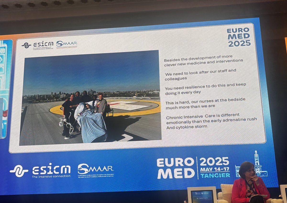 A strong message from EUROMED 2025:
Critical care is not just about medicine , it’s about people ! 
Chronic ICU work is emotionally intense and requires daily resilience !
Let’s take care of those who care for others ❤️