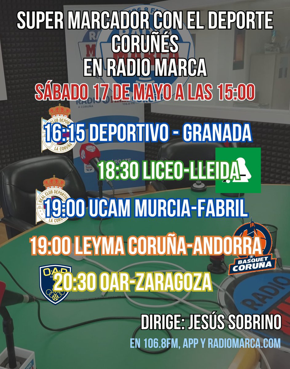 Hoy tenemos Super Marcador en <a href="/rmarcacoruna/">Radio MARCA Coruña</a>. Con el <a href="/RCDeportivo/">RC Deportivo</a> <a href="/DeporCanteira/">Dépor Canteira</a> <a href="/HockeyClubLiceo/">Hockey Club Liceo 🥬</a> <a href="/basquetcoruna/">Leyma Basquet Coruña 🍊</a> y <a href="/OARCorunaBM/">O.A.R Coruña</a>. Toda la tarde en el 106.8FM, app y web. Os esperamos.