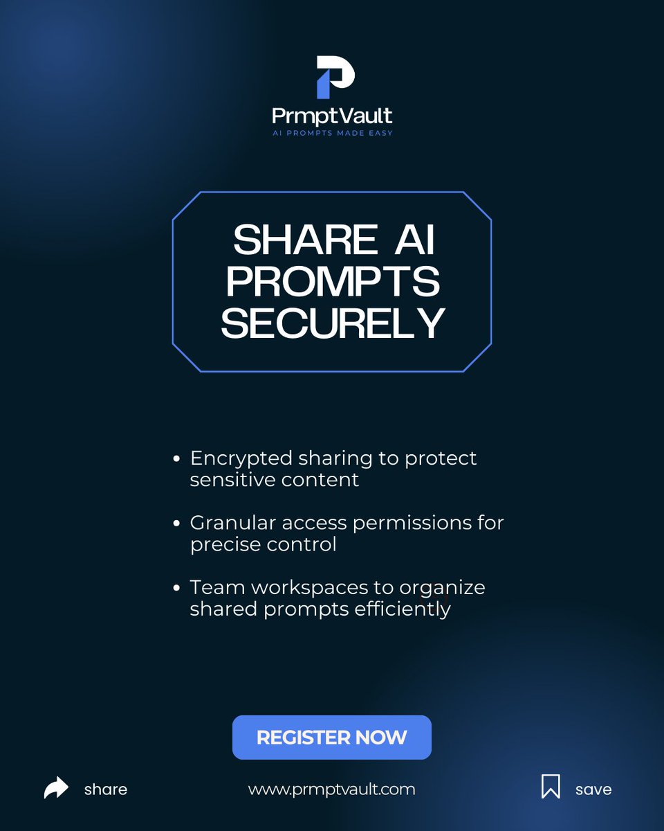 prmptvault's tweet image. Keep your AI prompts safe and sound with PrmptVault’s secure sharing feature!
Take collaboration to a new level while keeping security at the forefront. Start sharing smarter and safer today with PrmptVault! 🚀
#SecureSharing #AIProtection #EncryptedData #TeamCollaboration