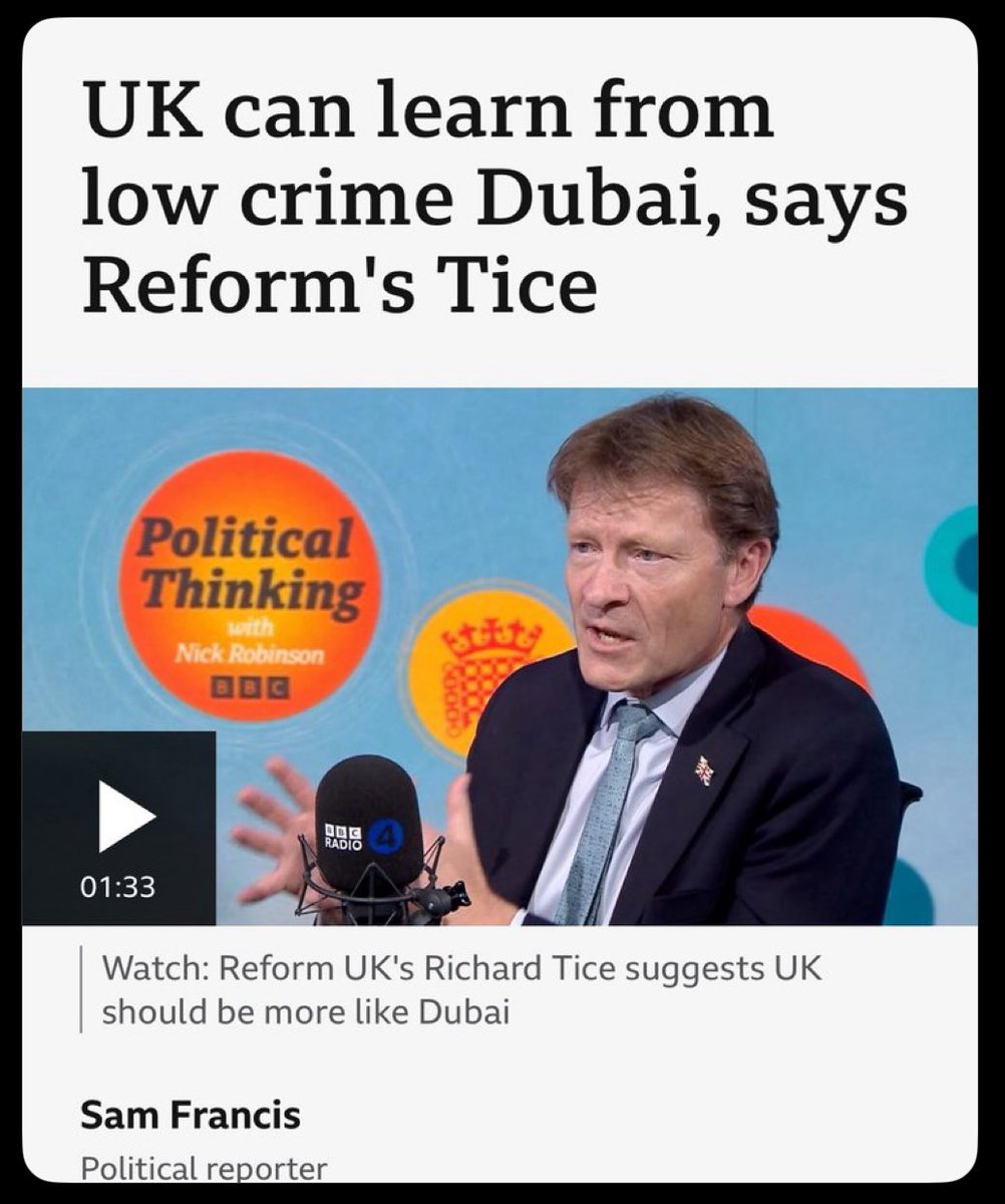Wow Dubai - over 85% of the population are Immigrants and they live under bronze age Sharia rules - But Dicky can swerve tax and accept untraceable donations. I wonder what Reform voters think ?