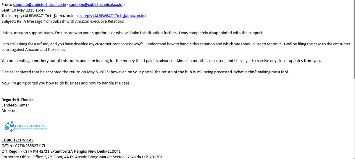 CubicTechnical's tweet photo. I am frustrated by your customer care support team; your support team is fooling customers in their way. They didn't have the answer to customer complaints. They just said, "We cannot share more details on your complaints."

What is this? @amazonIN @amazon

I am running a small IT services business in Delhi, India, and providing hardware, software, and technical services to my clients, which we have in Delhi-NCR. 

I bought a Lenovo Legion Slim 5 laptop from @amazonIN on 14th April 2025, and it cost around 110,990/- paid as an advance. The laptop I received on 16 April 2025 is used and defective, and the warranty period for the new laptop has expired. 

I raised a complaint with @amazonIN customer care to return my product and refund my money. 

But they denied it and took 4 days to investigate the issue. On 25th April, the investigation is completed, and they offer me two options: 1. return the laptop and take a refund or 2. replacement. 
I chose the first option and a refund of my money. 

They arranged a return pickup schedule for 26 April 2025. When no one contacted me, their pickup team mentioned it, and the customer refused to return the product. 

I called customer care again on 27 April 2025. Now the customer care team said that we can arrange 2 return pickups for 28 April 2025. I waited the whole day for the executive, but again they mentioned the same thing: "Customer refused to return the products.

I called Customer Care for the 3rd time on 29 April 2025, and again, the same thing. They booked a return pick-up for 30 April 2025; this time, the laptop was picked up at the last moment in the evening. This is not a coincidence," I think.

After that, the Amazon team said this: This will take 13 days to refund your money. I waited for 13 days, but did not get any solution from @amazonIN 

I have sent the email to your senior team member, but no response. This is not acceptable from a big e-commerce company like @amazonIN, where the whole world relies on you. 

Order details are below :
Order #171-8645504-3469166

Supporting documents and a screenshot are attached. Call records and video are also available.

@CMODelhi