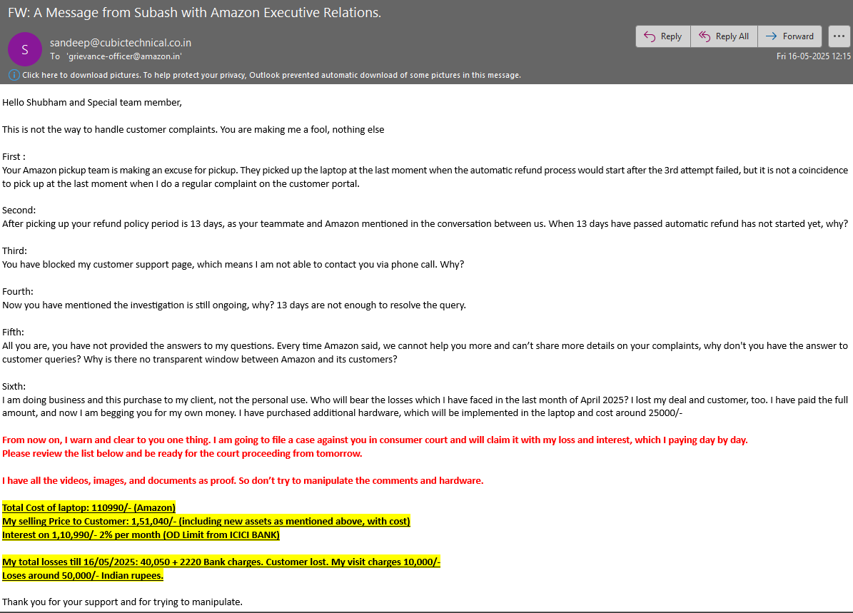 CubicTechnical's tweet photo. I am frustrated by your customer care support team; your support team is fooling customers in their way. They didn't have the answer to customer complaints. They just said, "We cannot share more details on your complaints."

What is this? @amazonIN @amazon

I am running a small IT services business in Delhi, India, and providing hardware, software, and technical services to my clients, which we have in Delhi-NCR. 

I bought a Lenovo Legion Slim 5 laptop from @amazonIN on 14th April 2025, and it cost around 110,990/- paid as an advance. The laptop I received on 16 April 2025 is used and defective, and the warranty period for the new laptop has expired. 

I raised a complaint with @amazonIN customer care to return my product and refund my money. 

But they denied it and took 4 days to investigate the issue. On 25th April, the investigation is completed, and they offer me two options: 1. return the laptop and take a refund or 2. replacement. 
I chose the first option and a refund of my money. 

They arranged a return pickup schedule for 26 April 2025. When no one contacted me, their pickup team mentioned it, and the customer refused to return the product. 

I called customer care again on 27 April 2025. Now the customer care team said that we can arrange 2 return pickups for 28 April 2025. I waited the whole day for the executive, but again they mentioned the same thing: "Customer refused to return the products.

I called Customer Care for the 3rd time on 29 April 2025, and again, the same thing. They booked a return pick-up for 30 April 2025; this time, the laptop was picked up at the last moment in the evening. This is not a coincidence," I think.

After that, the Amazon team said this: This will take 13 days to refund your money. I waited for 13 days, but did not get any solution from @amazonIN 

I have sent the email to your senior team member, but no response. This is not acceptable from a big e-commerce company like @amazonIN, where the whole world relies on you. 

Order details are below :
Order #171-8645504-3469166

Supporting documents and a screenshot are attached. Call records and video are also available.

@CMODelhi