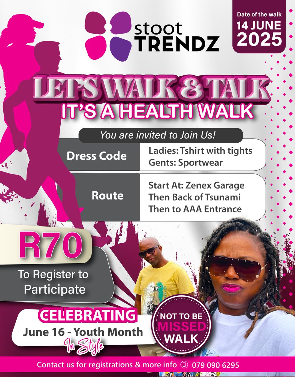 OrgSynergy's tweet image. Let&apos;s walk and talk event poster approved, event happening 14 June 2025. Register to participate or be told.

Contact 079 090 6295 

#Stoots #StootsTrendz #June