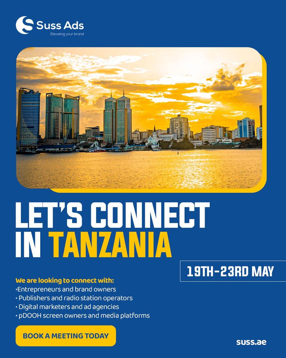 Tanzania, Ready to scale up?

Let Suss Ads take your brand to the next level with powerful, innovative Marketing solutions!

Dates: 19th-23rd -Let's connect!

Book a meeting now: suss.ae

 #SussAds #MarketingInnovation #SussAdsTanzania