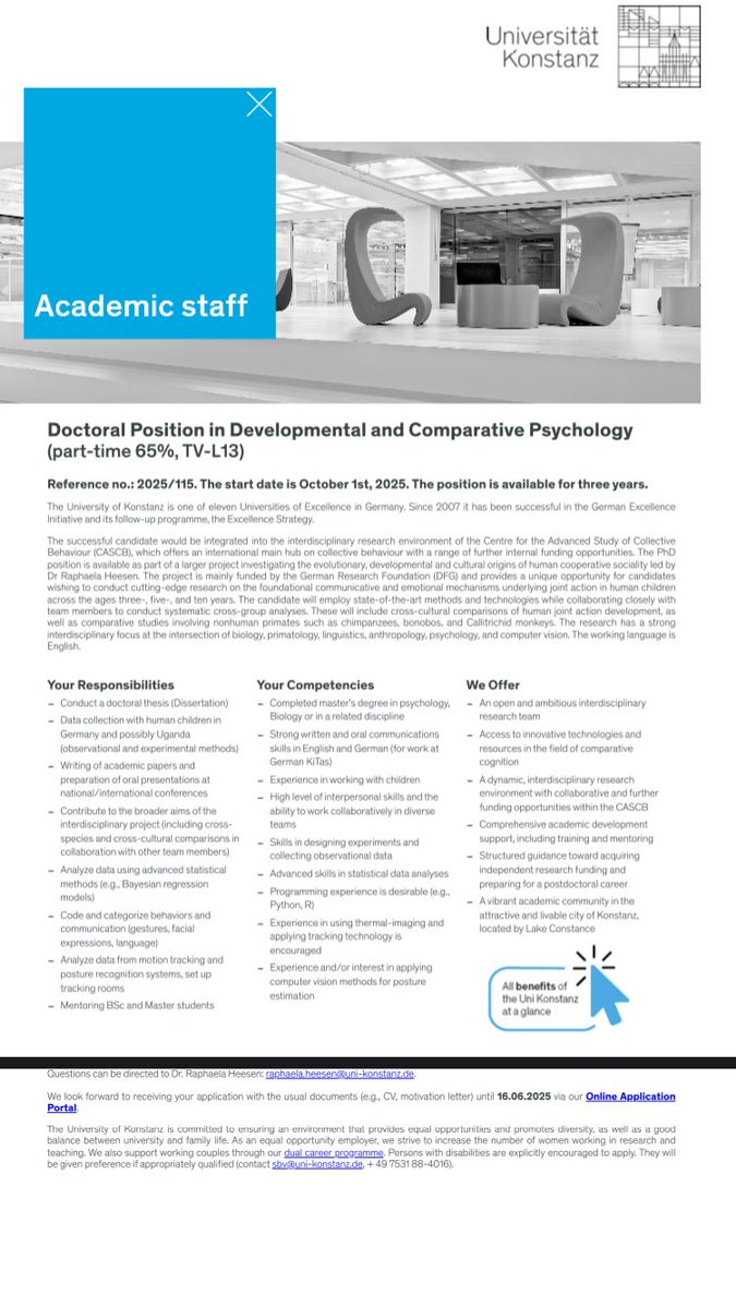 Raphaela Heesen (@rapha_heesen) on Twitter photo Interested in biology and comparative psychology, and working in an interdisciplinary project and research team? I’m advertising two PhD positions on the evolutionary origins of cooperative sociality and communication (start 1.10.) <a href="/UniKonstanz/">Universität Konstanz</a> <a href="/CBehav/">Centre for the Adv Study of Collective Behaviour</a> 👇 links below! Interested in biology and comparative psychology, and working in an interdisciplinary project and research team? I’m advertising two PhD positions on the evolutionary origins of cooperative sociality and communication (start 1.10.) <a href="/UniKonstanz/">Universität Konstanz</a> <a href="/CBehav/">Centre for the Adv Study of Collective Behaviour</a> 👇 links below!