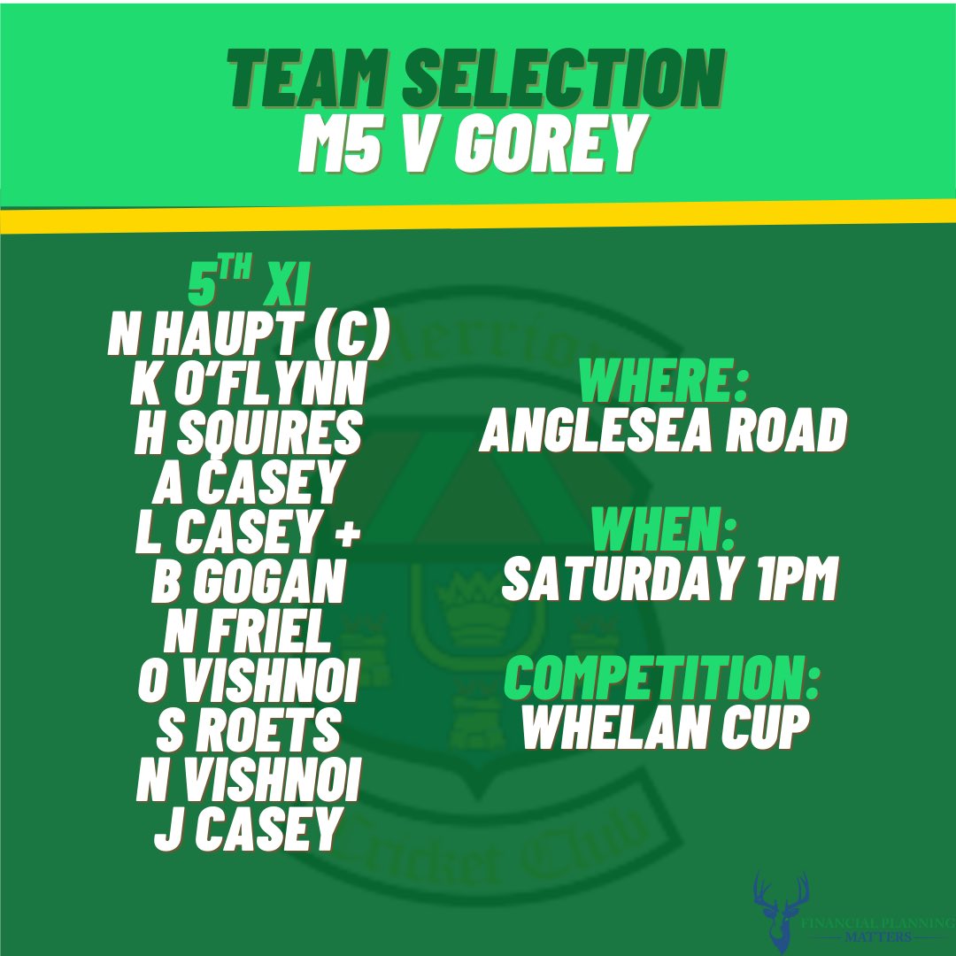 Team for today’s M5 game at Anglesea Road, as they face Gorey in their first T20 game of the season. Live stream link below.

youtube.com/live/lh_WAKNUd…