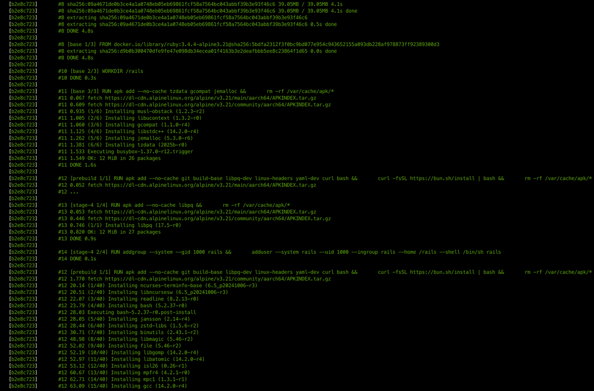 Thanks to the Kamal devs or whoever else is responsible for displaying `docker build` logs not in red (now in green).

The next level is to display them in gray/white.