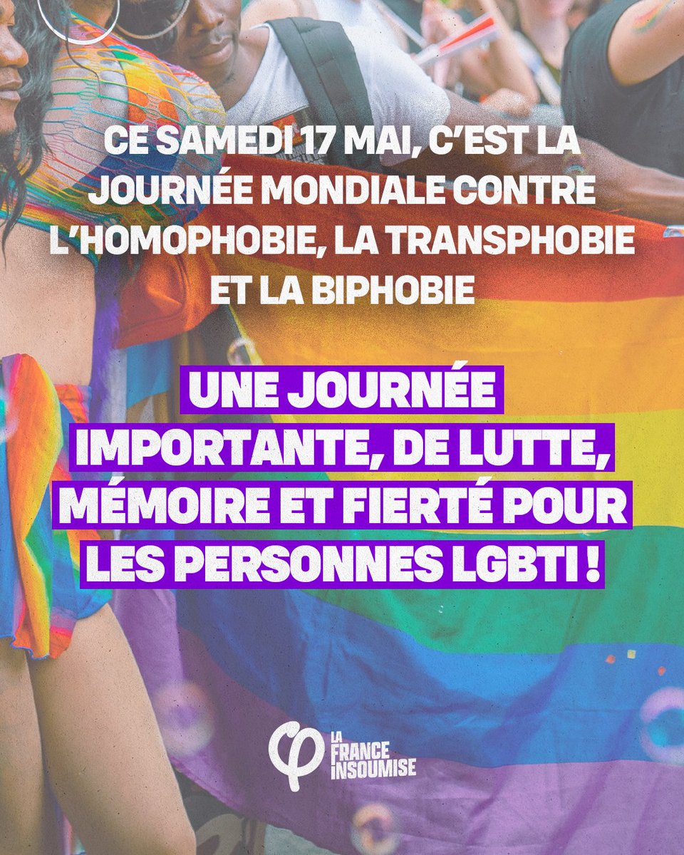 🌈 Aujourd'hui, c’est la journée mondiale contre l’homophobie, la transphobie et la biphobie ! Une journée de lutte, de mémoire et de fierté.

L'occasion de rappeler que face à l’offensive réactionnaire, nous ne les laisserons pas faire.

Retrouvez nos propositions