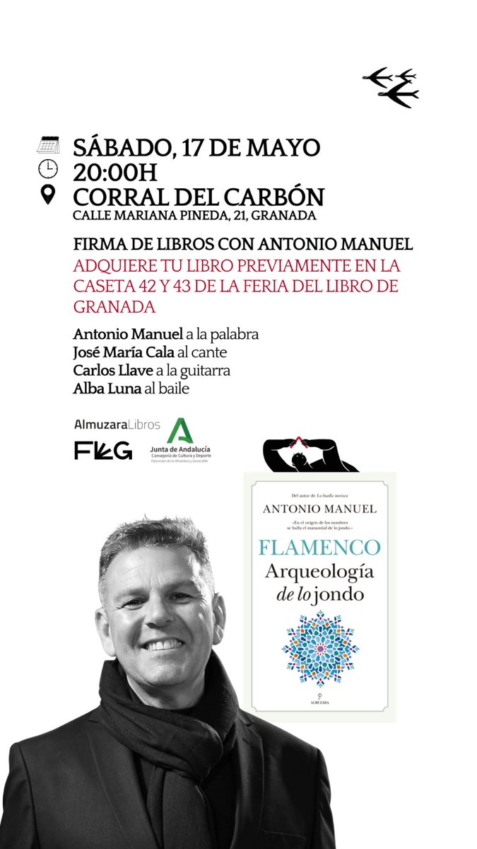 Nos vemos esta tarde en el Corral del Carbón de Granada. Sí quieres un ejemplar dedicado, puedes adquirir "Arqueología de lo jondo" en la Feria del Libro en la caseta de Almuzara (42-43), en la caseta del Patronato de la Alhambra, o en su tienda oficial en Reyes Católicos 40.